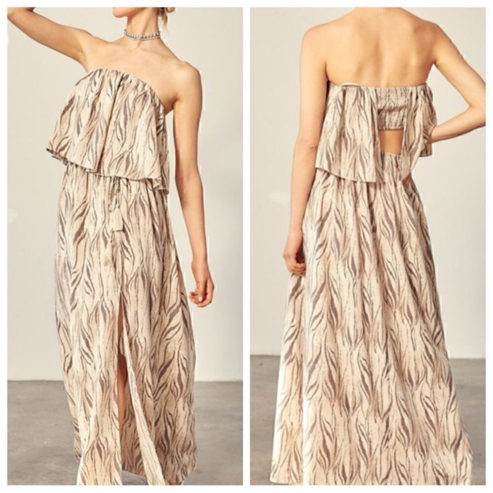 Mustard Seed Dress Womens Sz L Maxi‎ Ruffle Tube zebra print open Smocked back
